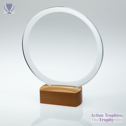Clear Glass Circle on Light Wood Base 8.75in